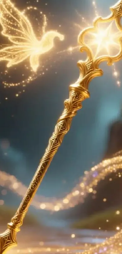 A golden wand with a glowing fairy in a mystical setting.