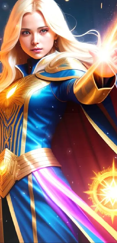 Vibrant phone wallpaper featuring a magical warrior casting spells.