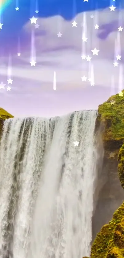 Enchanting waterfall with rainbow and stars mobile wallpaper.