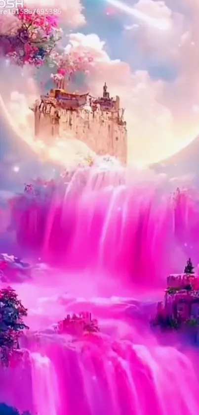 Enchanting pink waterfall in a mystical fantasy landscape with moonlit sky.