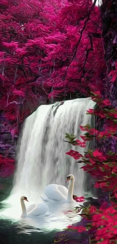 Fantasy waterfall with magenta trees and swans.