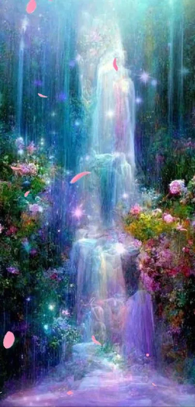 Fantasy waterfall with vivid colors and dreamy forest scenery.