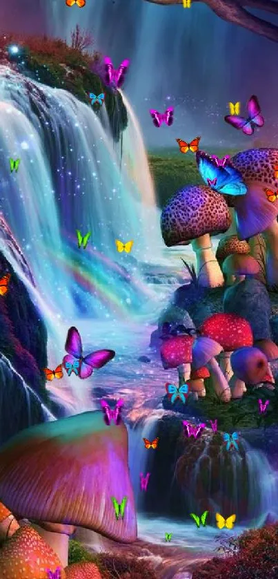 Fantasy waterfall scene with mushrooms and butterflies.