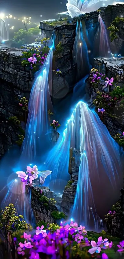 Ethereal fantasy scene with waterfalls and vibrant flowers.