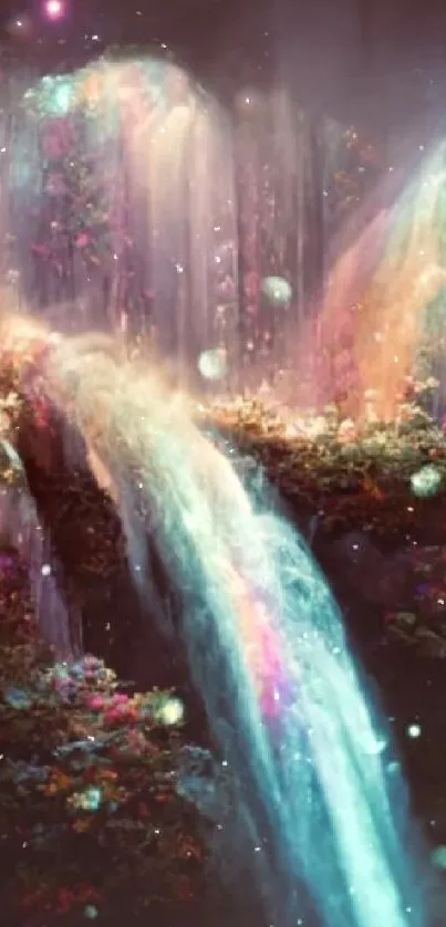 Magical waterfall with colorful flowers and serene ambiance.