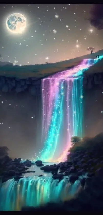 Magical waterfall glowing under the moonlight with a starry night sky.