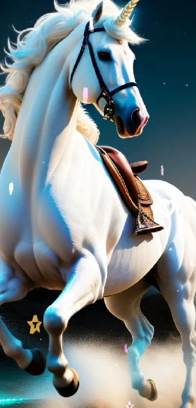 Majestic white unicorn galloping in a mystical landscape at dusk.