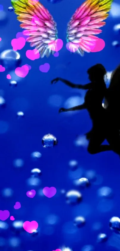 Silhouette with colorful wings and heart bubbles on blue background.