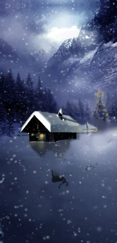 Snowy winter cabin surrounded by trees and mountains at night.