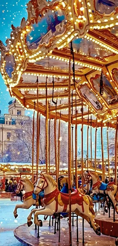 Magical carousel in a snowy winter setting with festive lights.