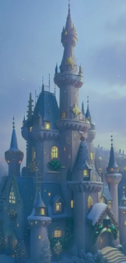 Enchanting winter castle with snow and lights in a fantasy setting.