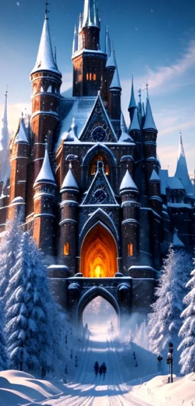 Stunning winter castle with snow-covered trees and glowing evening sky.