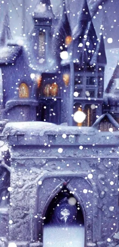 Magical winter castle with snowflakes falling against a lavender sky.