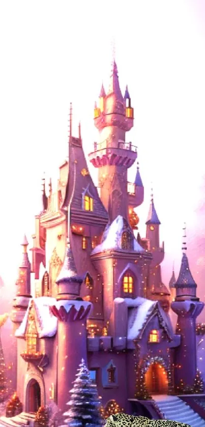 A stunning magical castle in a snowy, fairy-tale landscape with glowing windows.