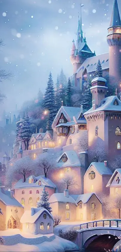 Snowy winter castle with glowing lights.