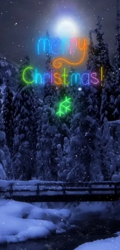 Mobile wallpaper with neon Christmas greeting over snowy forest.