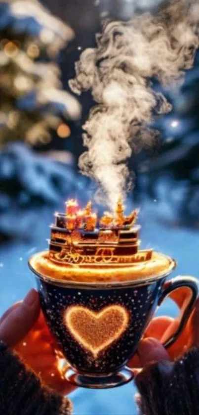 Steaming coffee cup with heart in winter snow scene.