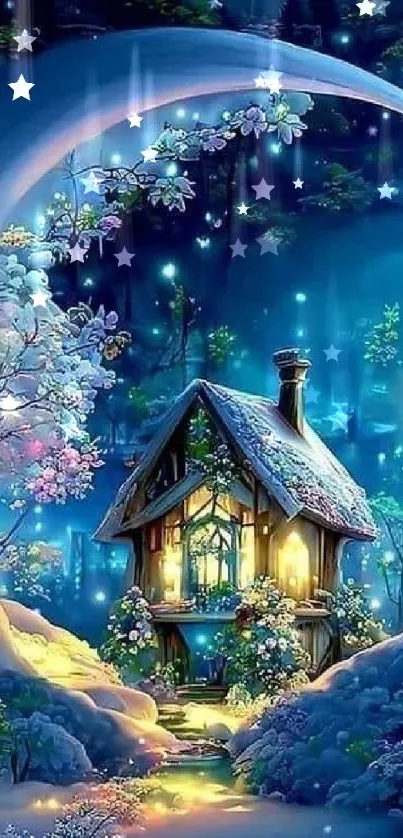 Magical cottage in a snowy, moonlit forest with glowing lights.