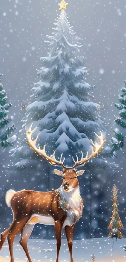 Majestic deer in a snowy forest, creating holiday magic.