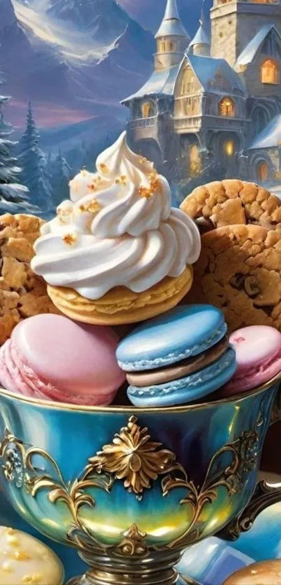 Decorative cup filled with cookies and macarons in front of a fairytale castle.