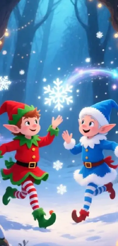 Two playful elves in winter forest with snowflakes and lights.