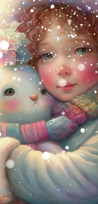 A whimsical illustrated girl hugging a snow bunny, set in a pastel winter landscape.