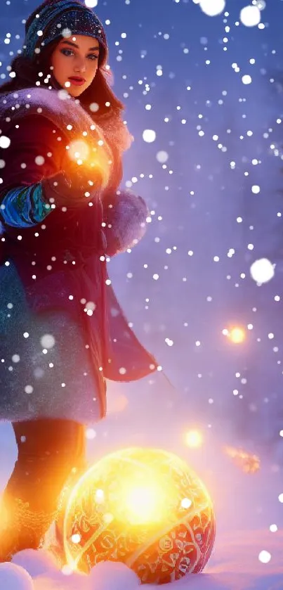 A magical winter scene with glowing orbs in a snowy setting.