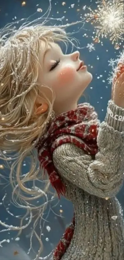 Fairy in cozy knitwear with snowflakes.