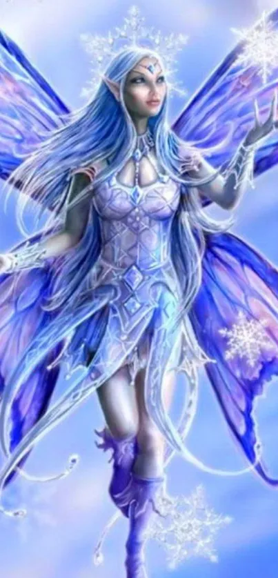 Fairy with icy wings and snowflakes on a blue background.