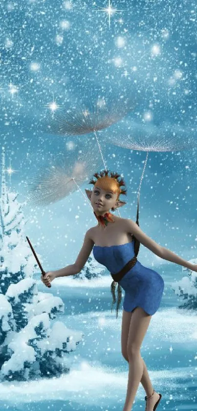 Fantasy winter scene with a fairy in a snowy landscape.