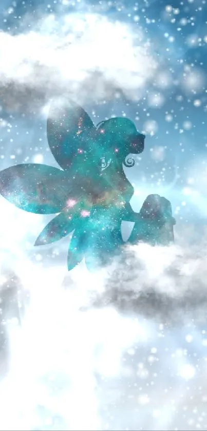 Fantasy wallpaper featuring a magical fairy amidst snowy clouds and snowflakes.