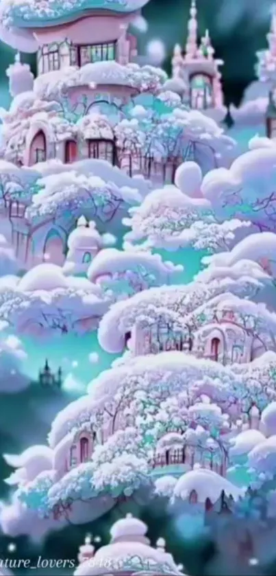 Magical snow-covered castles in a fantasy winter setting.