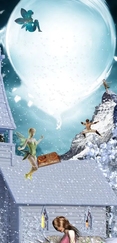 Fantasy winter scene with fairies and snowy mountains.