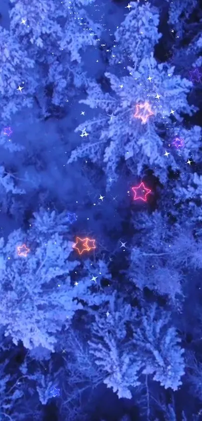 Aerial view of a snowy forest with glowing stars and a blue ambiance.