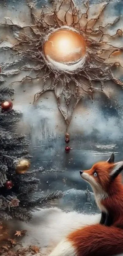 A curious fox in a magical winter scene with glowing sun and festive decor.