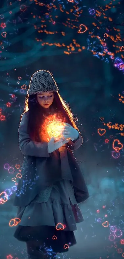 Young girl in winter forest holding a glowing orb with mystical blue and orange tones.