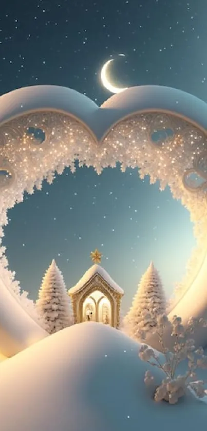 Magical heart-shaped winter scene with moonlit snow and cozy house.
