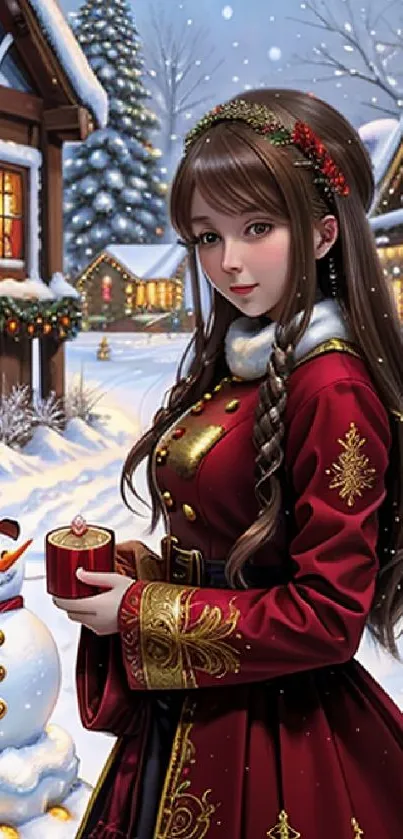 Girl in red coat with snowman in snowy holiday village.