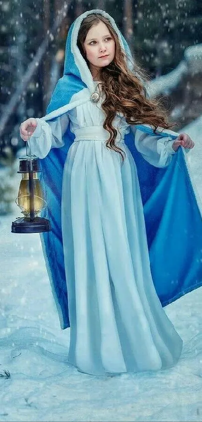 Young girl in blue cloak with lantern in snowy forest.