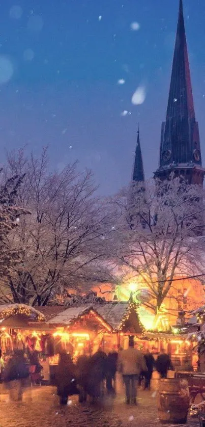 Festive Christmas market at night with snowflakes and lights.