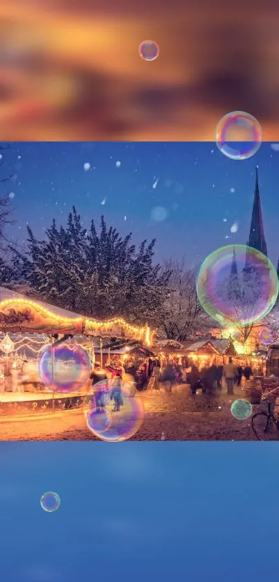 Nighttime winter market with lights and bubbles.