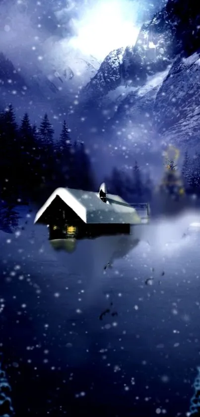 Snowy cabin under a starry winter night sky with mountains.