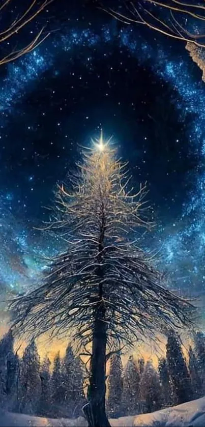 Magical night sky with a mystical tree and cosmic stars.