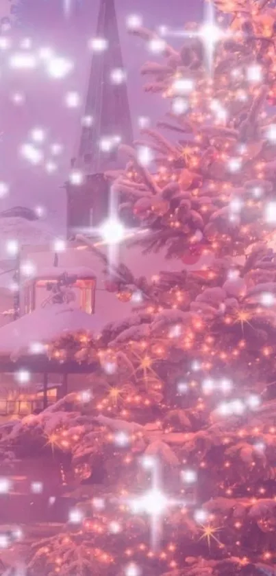 Snowy Christmas scene with lit tree and twinkling lights.