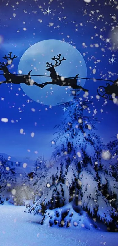 Snowy night with Santa flying across a moonlit sky.