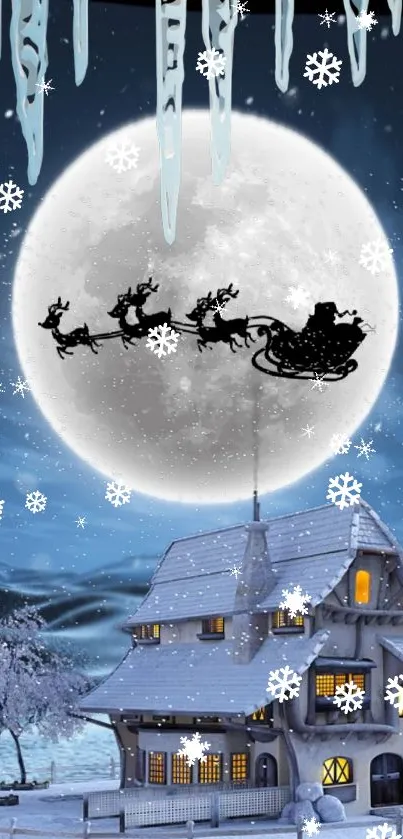 Winter night scene with Santa's sleigh over a snowy house.