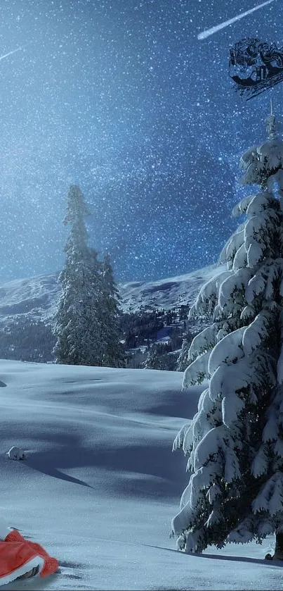 Winter scene with Santa flying over moonlit snowy landscape.
