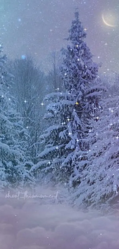 Enchanting winter night scene with snowy trees and crescent moon.