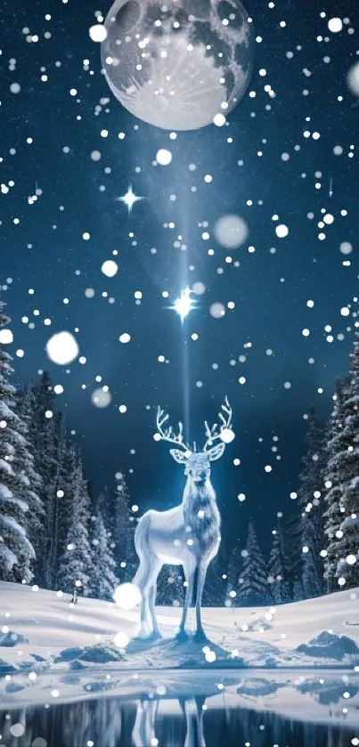 Glowing deer in a snowy, starry forest scene at night.