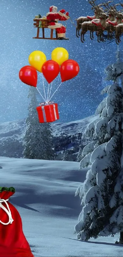 Magical Christmas night wallpaper with Santa, reindeer, and snowy landscape.